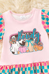 Howdy" Halloween printed on pink checker tunic and teal bell bottoms. OFG61492 jea