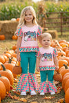 Howdy" Halloween printed on pink checker tunic and teal bell bottoms. OFG61492 jea