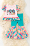 Howdy" Halloween printed on pink checker tunic and teal bell bottoms. OFG61492 jea