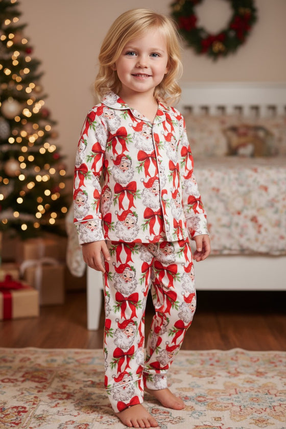 Santa with red coquette bow printed girls pajamas. GLP080717-AMY
