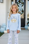 Thankful" Embroidered pumpkin with blue floral leggings.GLP0425-28-MON