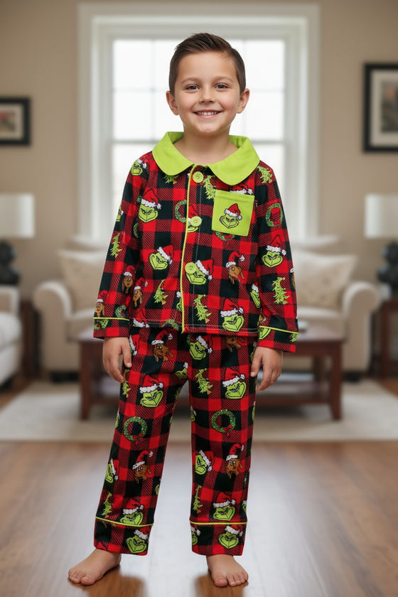 Unisex plaid Grinc* printed pajamas set. GLP071805-sol
