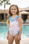 Hello Sweets multi-printed swimsuit w/blue ruffle. SWG60161 JEAN