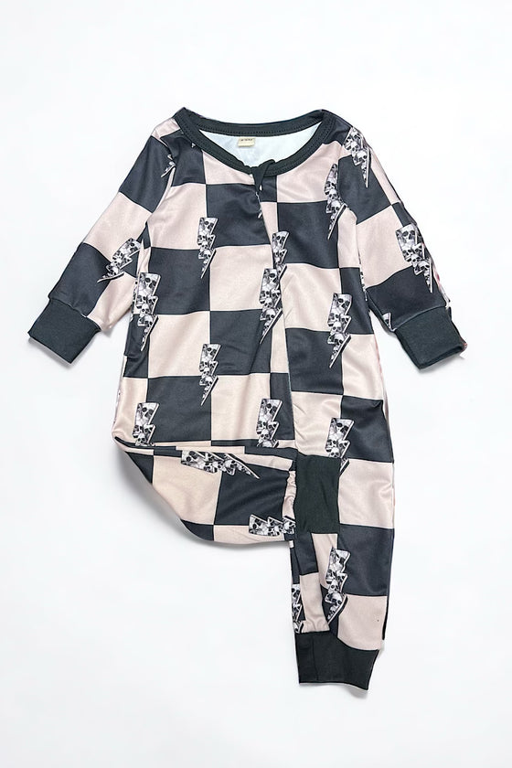 Bolt & checker printed baby bodysuit. LR062109-amy