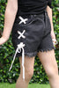 BLACK CRISS CROSS DETAIL DENIM SHORTS. LC-PN-2115908-WENDY