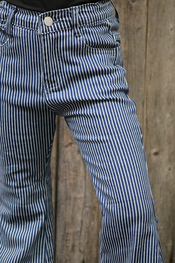 White stripe on navy blue bootcut printed denim pants. PNG65153061-AMY