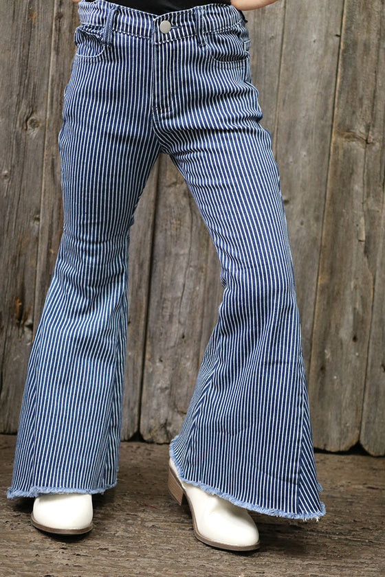 White stripe on navy blue bootcut printed denim pants. PNG65153061-AMY