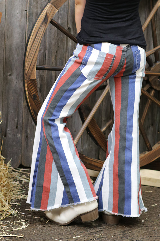 Multi-color stripe printed bootcut denim pants. PNG65153068-JEANN