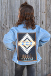 LT. Blue denim jacket w/aztec printed pocket & back. TPG65153051-LOI