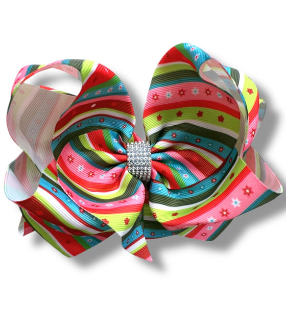 Multi-printed double layer hair bows w/rhinestones. 4PCS/$10.00