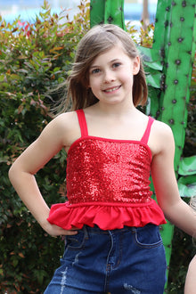  RED SEQUINS TANK TOP W/RUFFLE TRIM. TPG30113001-JEA