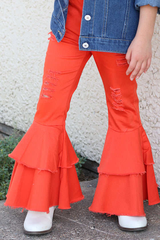 Hot orange double layer denim pants. PNG65153033-SOL