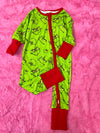 Green & red Grinc* printed baby onesie with fold over footies and hand gloves.