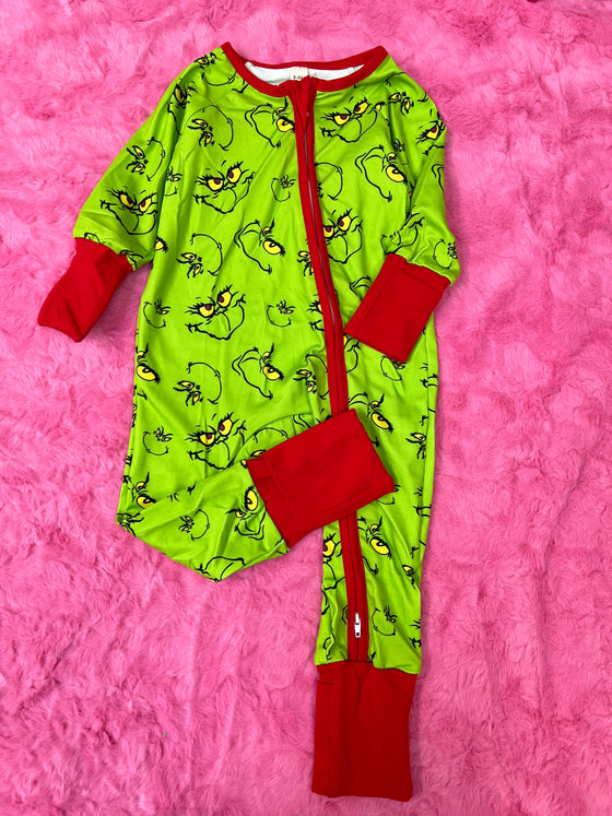 Green & red Grinc* printed baby onesie with fold over footies and hand gloves.