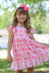 Cowgirl diamond print dress with ruffle hem and angel sleeves. DRG51210 JEAN