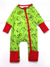 Green & red Grinc* printed baby onesie with fold over footies and hand gloves.