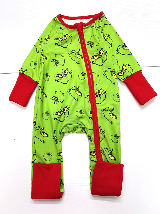 Green & red Grinc* printed baby onesie with fold over footies and hand gloves.