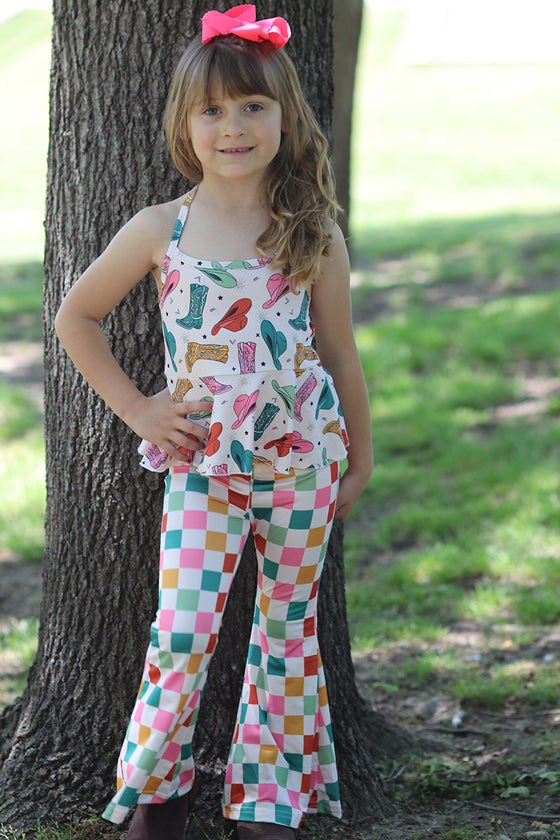 Cowgirl boots & checker printed bottoms 2 piece set. OFG50881 AMY