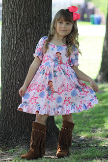  Lt.pink character printed girls dress w/bubble sleeve. DRG51603 AMY
