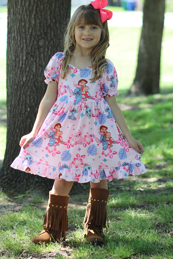 Lt.pink character printed girls dress w/bubble sleeve. DRG51603 AMY