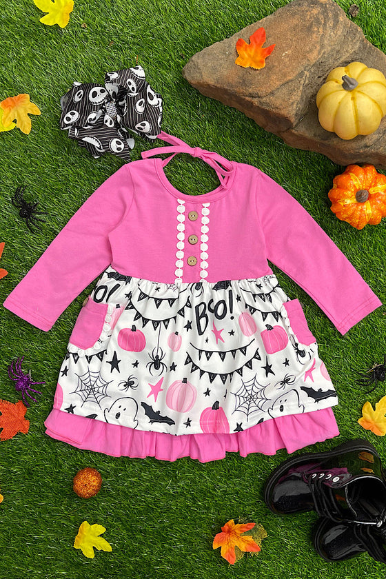 🔶 PINK LONG SLEEVE DRESS WITH HALLOWEEN GRAPHIC PRINT. DRG401322007