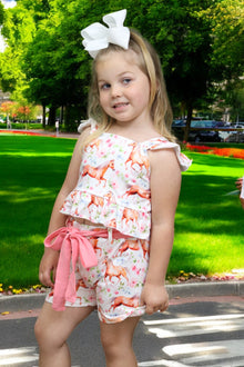  (Western) Horse printed girls short set w/open back. SOL