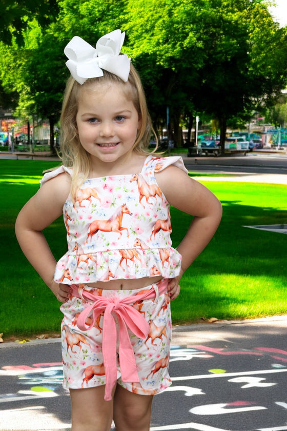 (Western) Horse printed girls short set w/open back. SOL