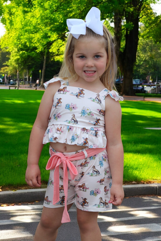 (Western) Horse printed girls short set w/open back. GSSO012001- SOL