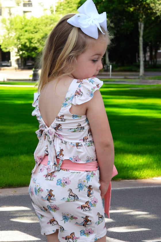 (Western) Horse printed girls short set w/open back. GSSO012001- SOL