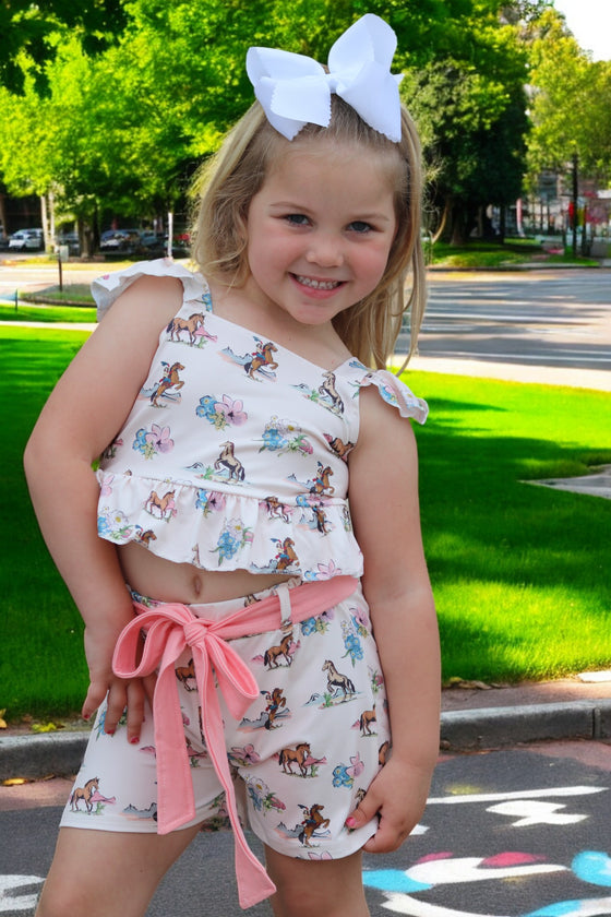 (Western) Horse printed girls short set w/open back. GSSO012001- SOL