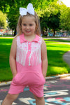 Pink Romper with side pockets and fringe.