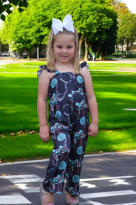 (Western) Dark Charcoal concho printed girls jumpsuit. SR030805-SOL