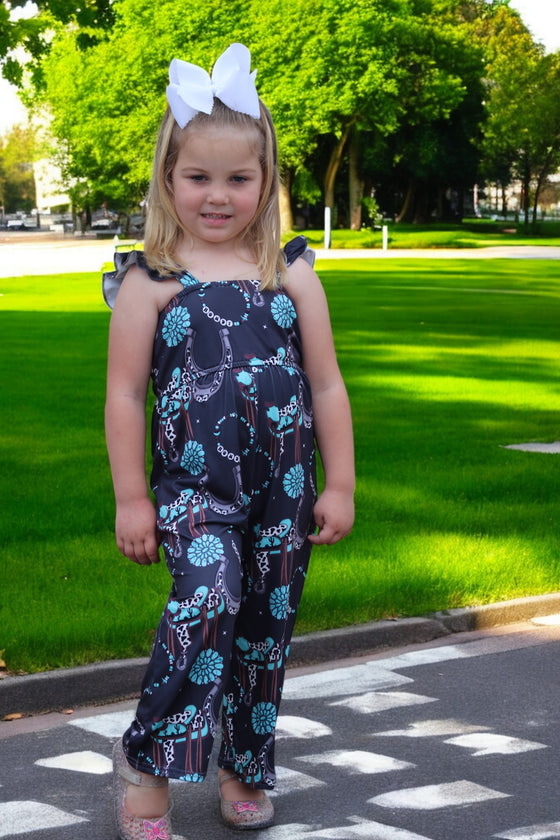 (Western) Dark Charcoal concho printed girls jumpsuit. SR030805-SOL