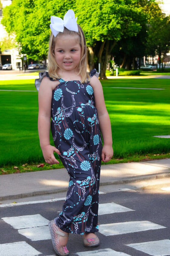 (Western) Dark Charcoal concho printed girls jumpsuit. SR030805-SOL