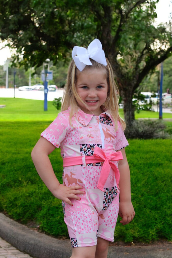 Pink western printed girls romper. SR031901-JEAN