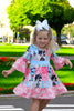 Beautiful wester patch printed girls dress with bows and cow printed hem. GLD030703-JEAN