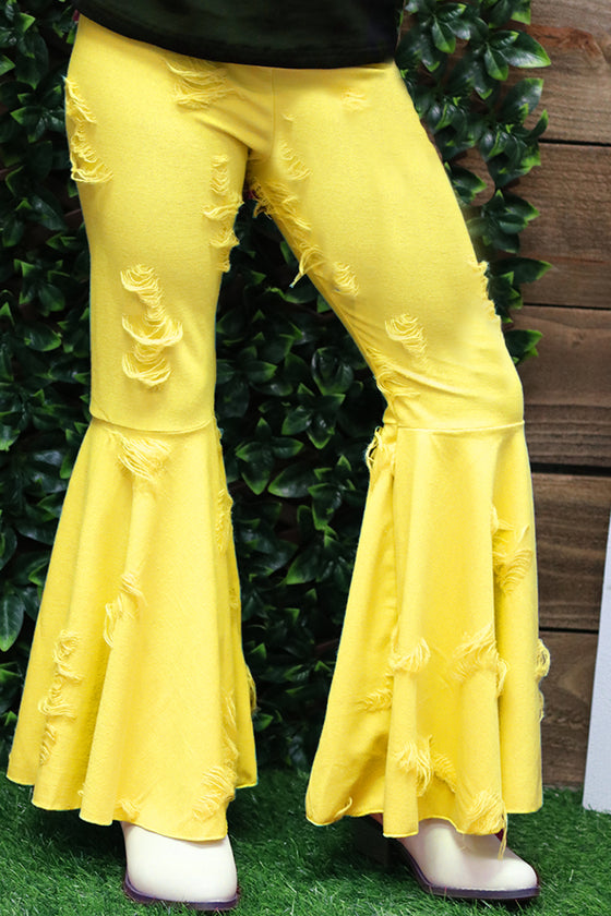 Bright yellow distressed bell pants. K-DLH2305K-amy