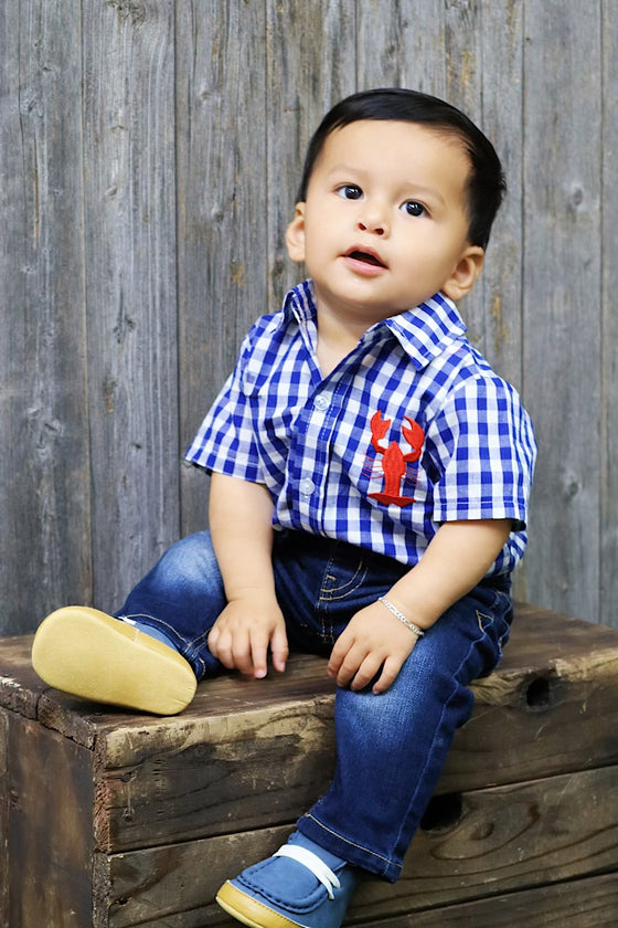 Navy blue gingham baby onesie with embroidered lobster. RPB25153001 amy