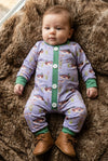 Mallard duck printed baby romper w/green trim & snaps. LR0425-9-SOL
