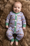 Mallard duck printed baby romper w/green trim & snaps. LR0425-9-SOL