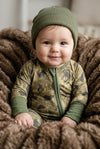 Moss green w/ wild animal printed baby romper. Fold over hands & footie. LR0505-7-AMY