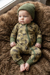Moss green w/ wild animal printed baby romper. Fold over hands & footie. LR0505-7-AMY