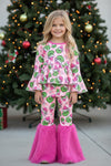 Lt. Pink & fuchsia Christmas character printed girl top and faux fur bell bottoms. OFG63372 BRE-