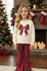 Bow applique ivory long sleeve top and plaid pants. MOFG61365 Mon