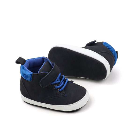 Black & blue Pleather baby shoes w/ velcro. MY3192-B