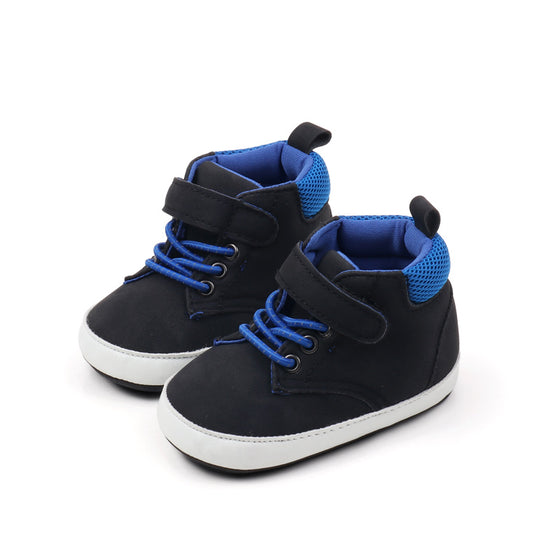 Black & blue Pleather baby shoes w/ velcro. MY3192-B