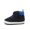 Black & blue Pleather baby shoes w/ velcro. MY3192-B