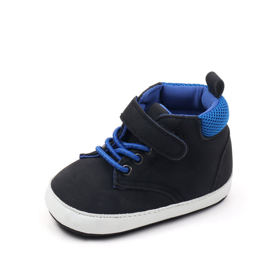 Black & blue Pleather baby shoes w/ velcro. MY3192-B