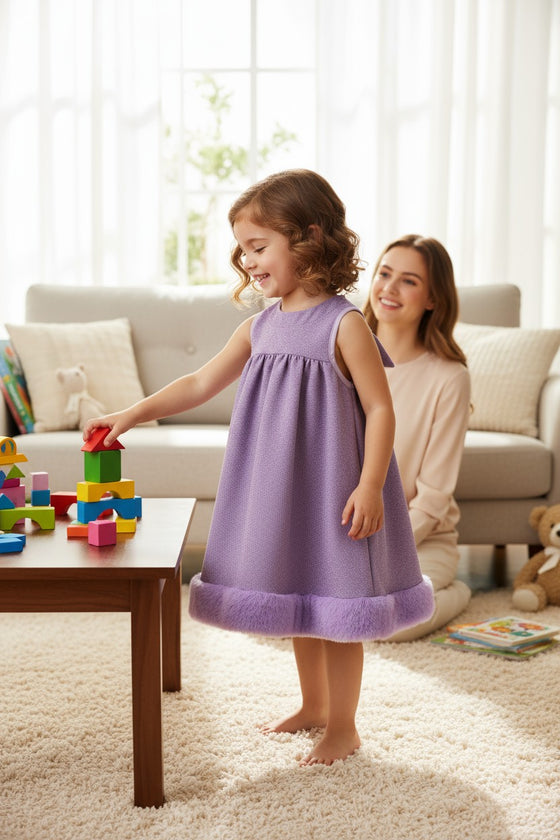 Lilac relax tunic dress with fur trim. DRG50109 SOL