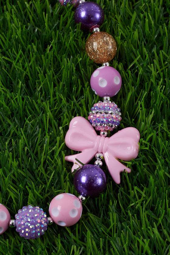 PURPLE TONE BUBBLE GUM BEAD NECKLACE W/BOW SIDE PENDANT . 3PCS/$15.00 ACG25153065